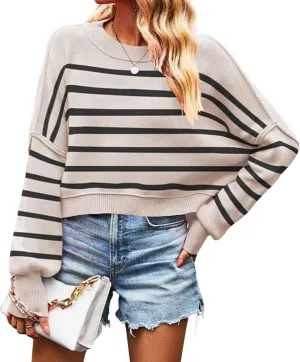 CHARTOU Women Loose Crew Neck Cable Knit Sweater Fall Ribbed Long Sleeve Knitted Sweater Pullover Jumper