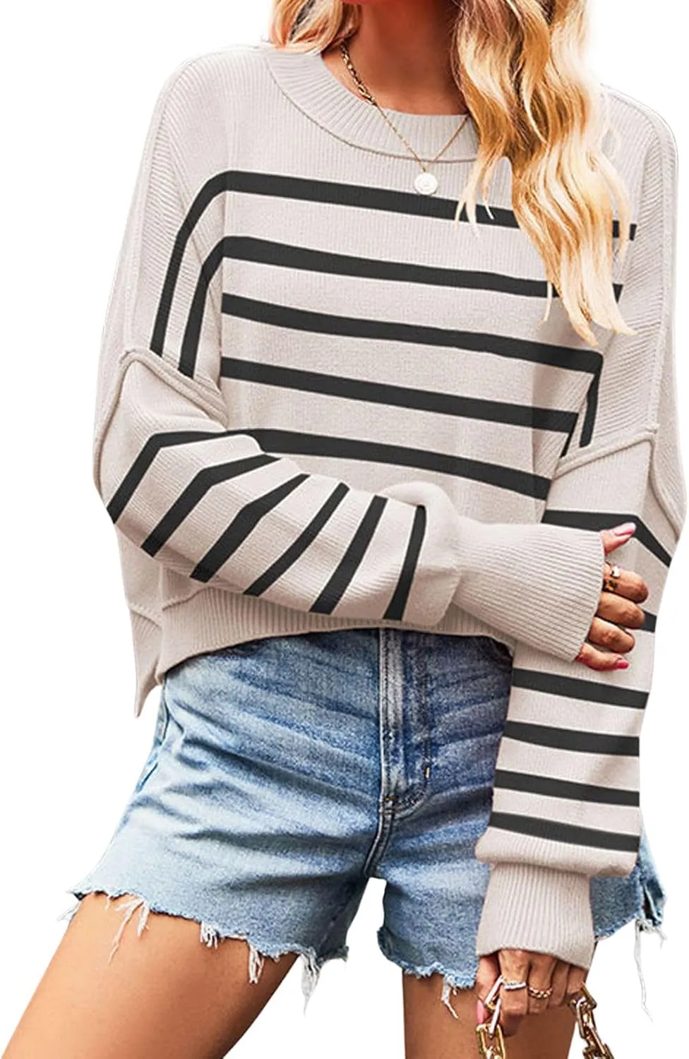 CHARTOU Women Loose Crew Neck Cable Knit Sweater Fall Ribbed Long Sleeve Knitted Sweater Pullover Jumper