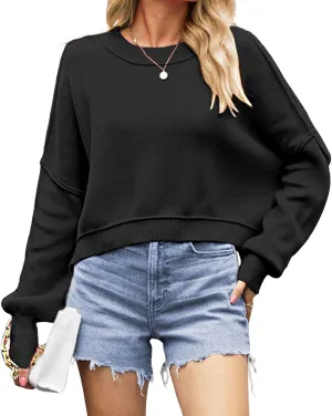 CHARTOU Women Loose Crew Neck Cable Knit Sweater Fall Ribbed Long Sleeve Knitted Sweater Pullover Jumper
