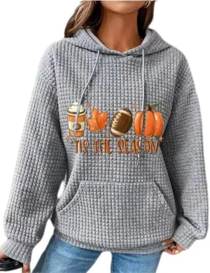 Chvity Women's Pullover Sweatshirt Drawstring Tis The Season Pumpkin Printed Waffle Hoodie Long Sleeve Tops with Pocket