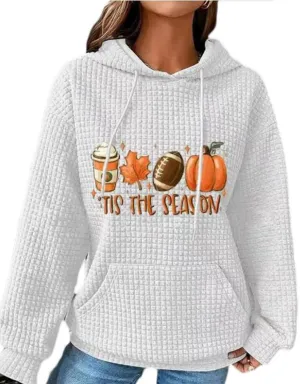 Chvity Women's Pullover Sweatshirt Drawstring Tis The Season Pumpkin Printed Waffle Hoodie Long Sleeve Tops with Pocket