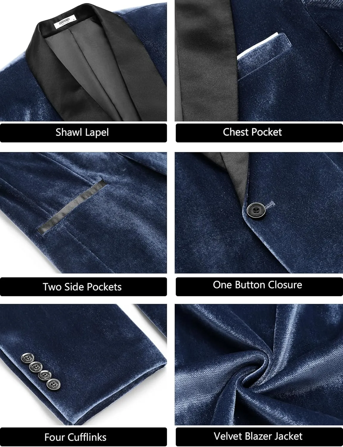COOFANDY Men's Velvet Tuxedo One Button Jacket Dinner Prom Wedding Blazer Jacket