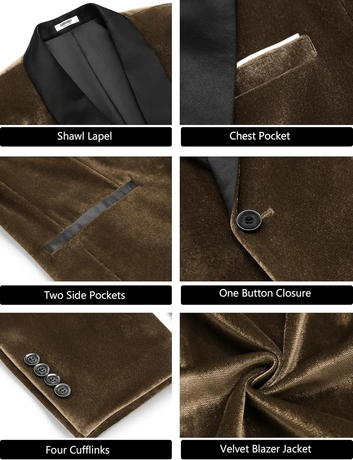 COOFANDY Men's Velvet Tuxedo One Button Jacket Dinner Prom Wedding Blazer Jacket