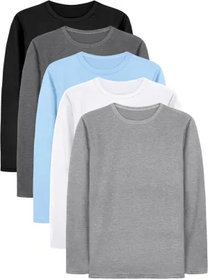 Cooraby 5 Pack Toddler Boys Long Sleeve Shirts Soft Crewneck Top Tees Shirts Kids Solid Colors 2-14 Years