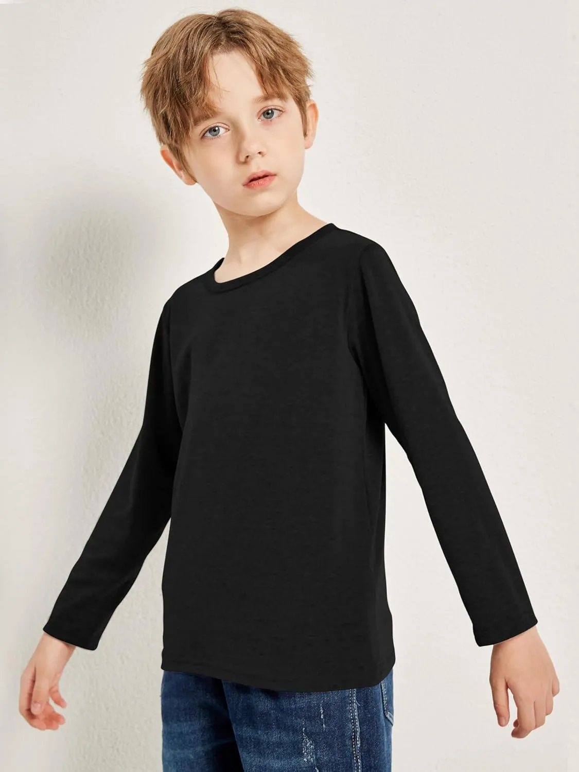 Cooraby 5 Pack Toddler Boys Long Sleeve Shirts Soft Crewneck Top Tees Shirts Kids Solid Colors 2-14 Years