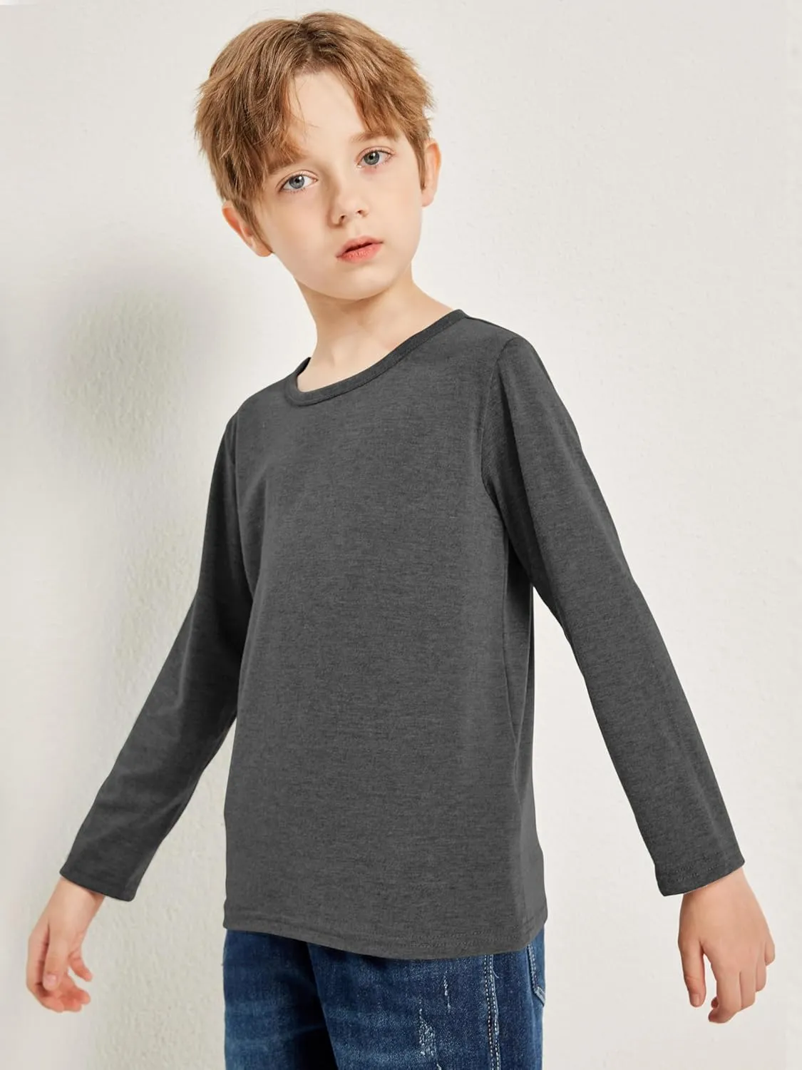 Cooraby 5 Pack Toddler Boys Long Sleeve Shirts Soft Crewneck Top Tees Shirts Kids Solid Colors 2-14 Years