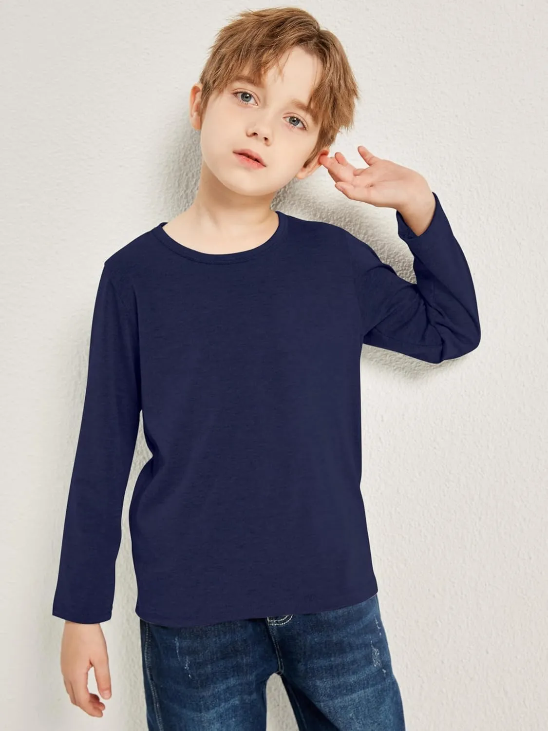 Cooraby 5 Pack Toddler Boys Long Sleeve Shirts Soft Crewneck Top Tees Shirts Kids Solid Colors 2-14 Years