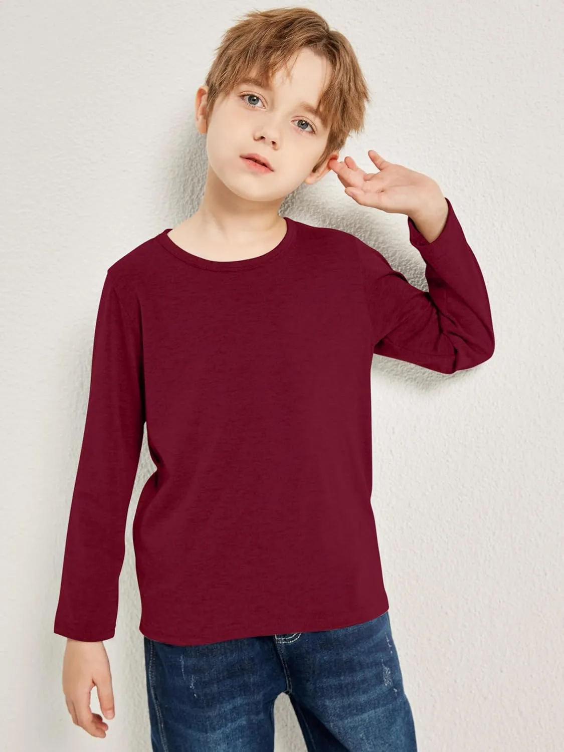 Cooraby 5 Pack Toddler Boys Long Sleeve Shirts Soft Crewneck Top Tees Shirts Kids Solid Colors 2-14 Years