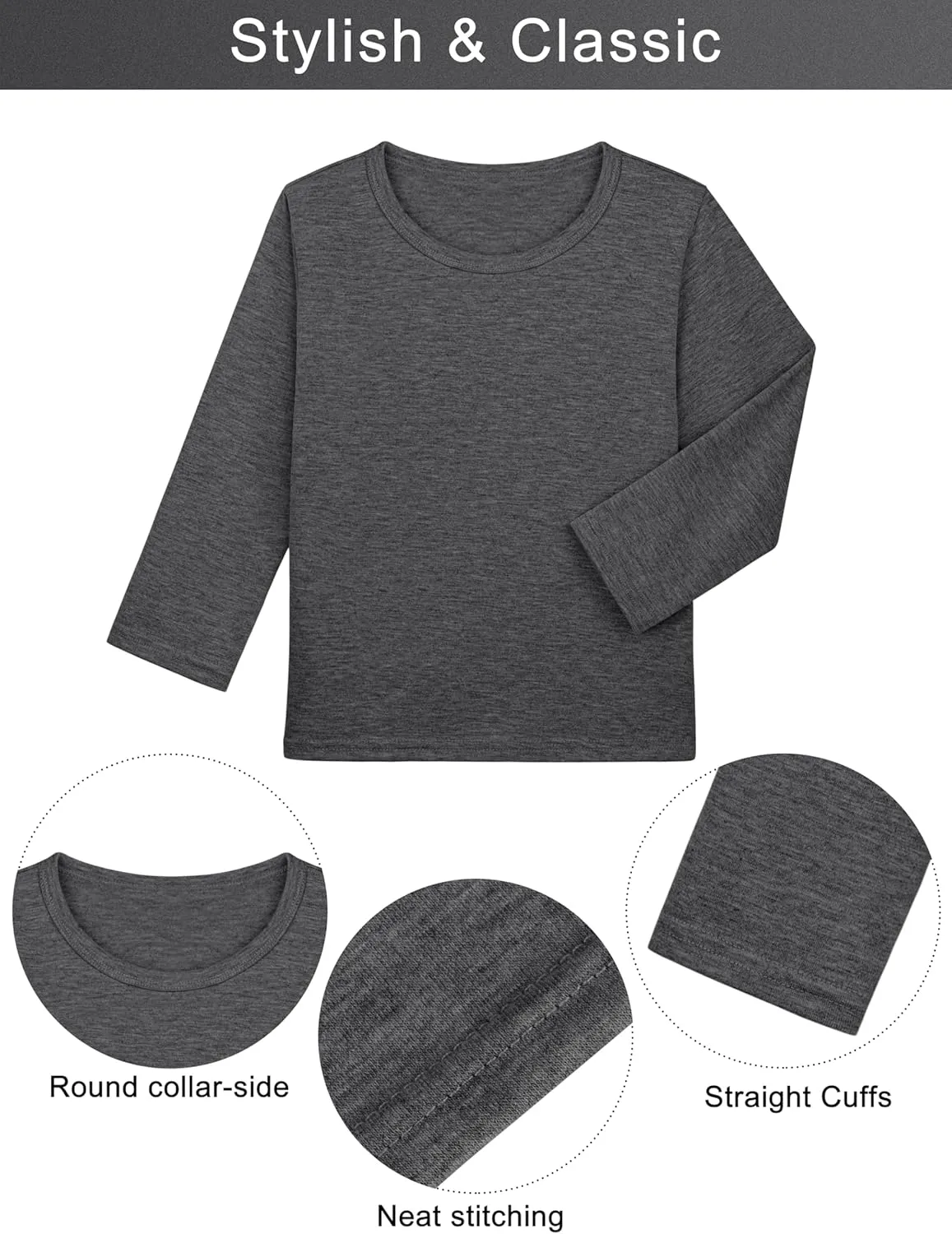 Cooraby 5 Pack Toddler Boys Long Sleeve Shirts Soft Crewneck Top Tees Shirts Kids Solid Colors 2-14 Years