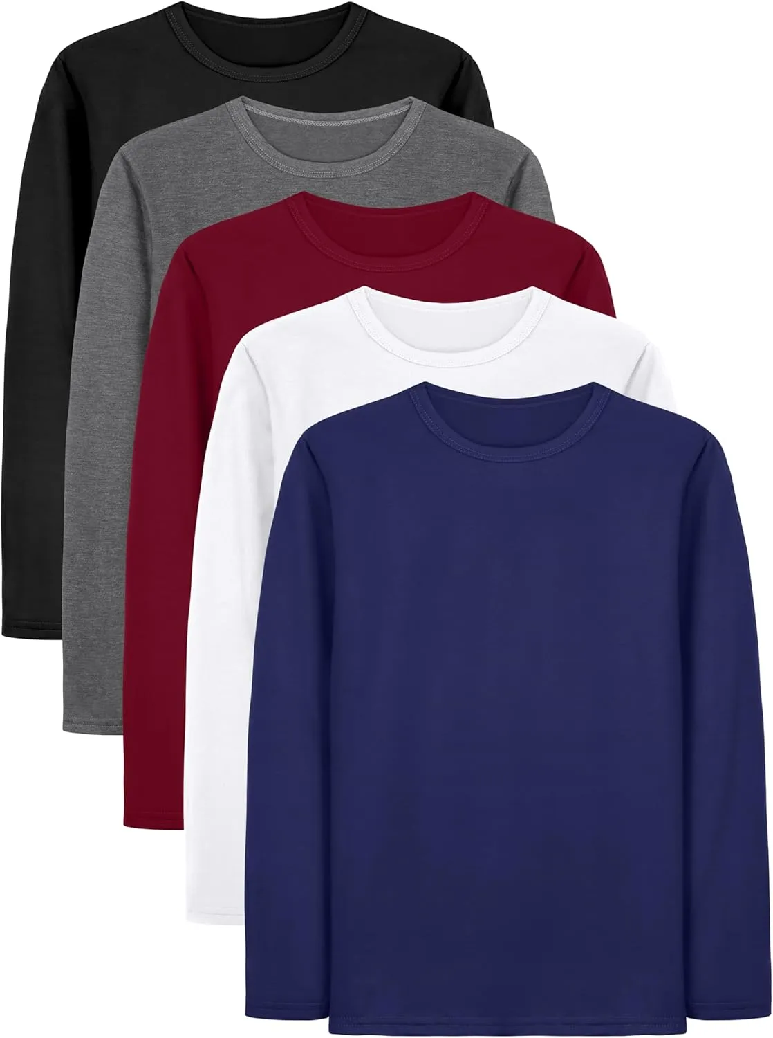Cooraby 5 Pack Toddler Boys Long Sleeve Shirts Soft Crewneck Top Tees Shirts Kids Solid Colors 2-14 Years