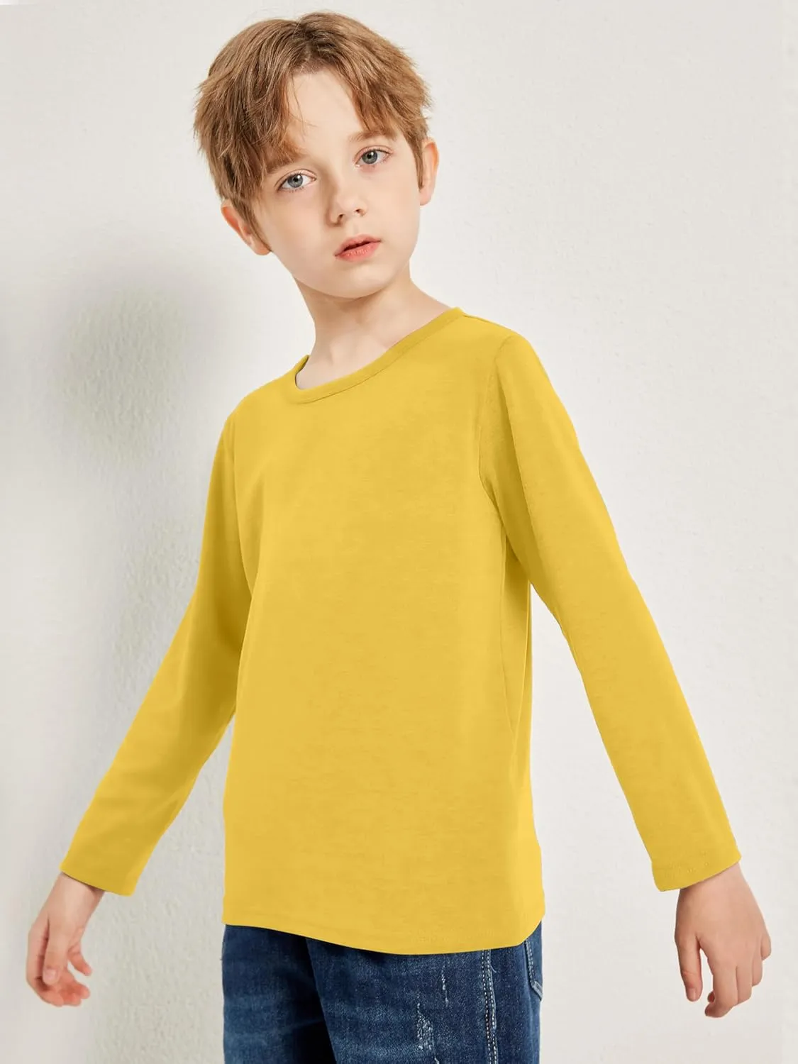 Cooraby 5 Pack Toddler Boys Long Sleeve Shirts Soft Crewneck Top Tees Shirts Kids Solid Colors 2-14 Years