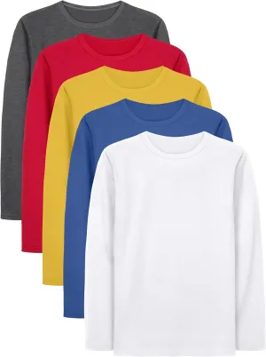 Cooraby 5 Pack Toddler Boys Long Sleeve Shirts Soft Crewneck Top Tees Shirts Kids Solid Colors 2-14 Years