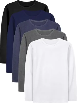 Cooraby 5 Pack Toddler Boys Long Sleeve Shirts Soft Crewneck Top Tees Shirts Kids Solid Colors 2-14 Years