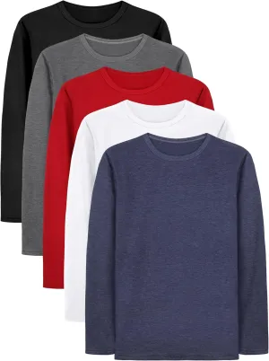Cooraby 5 Pack Toddler Boys Long Sleeve Shirts Soft Crewneck Top Tees Shirts Kids Solid Colors 2-14 Years