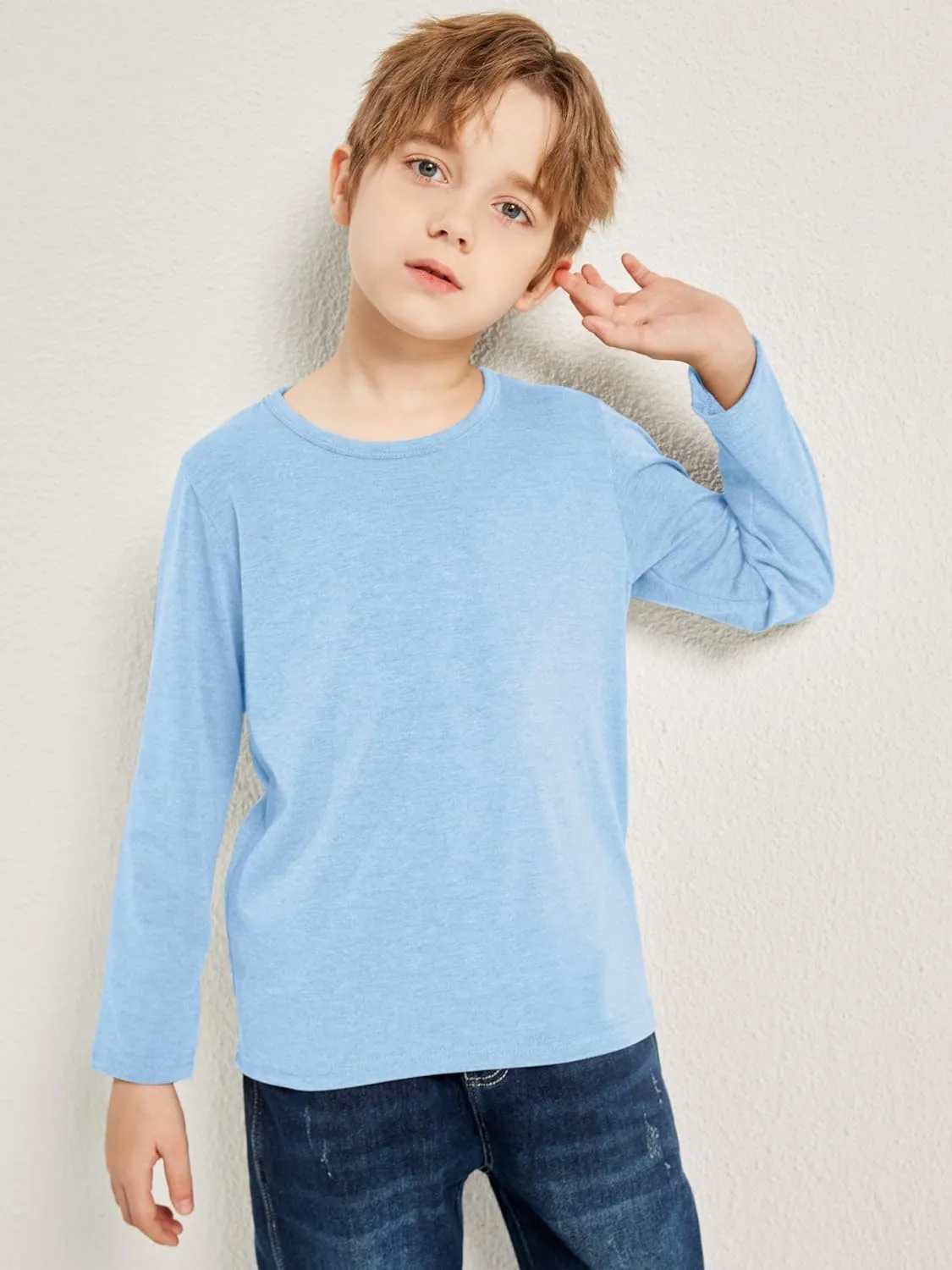 Cooraby 5 Pack Toddler Boys Long Sleeve Shirts Soft Crewneck Top Tees Shirts Kids Solid Colors 2-14 Years