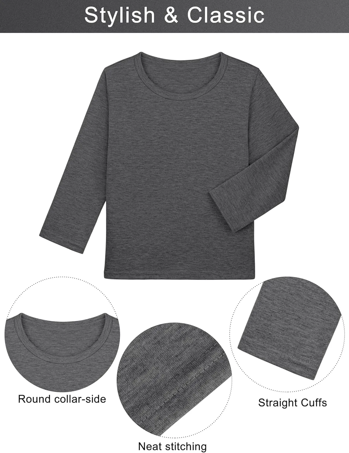 Cooraby 5 Pack Toddler Boys Long Sleeve Shirts Soft Crewneck Top Tees Shirts Kids Solid Colors 2-14 Years