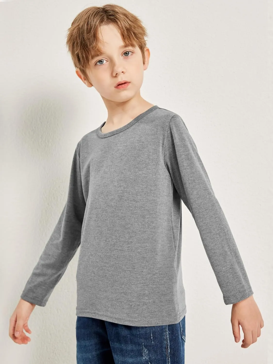 Cooraby 5 Pack Toddler Boys Long Sleeve Shirts Soft Crewneck Top Tees Shirts Kids Solid Colors 2-14 Years