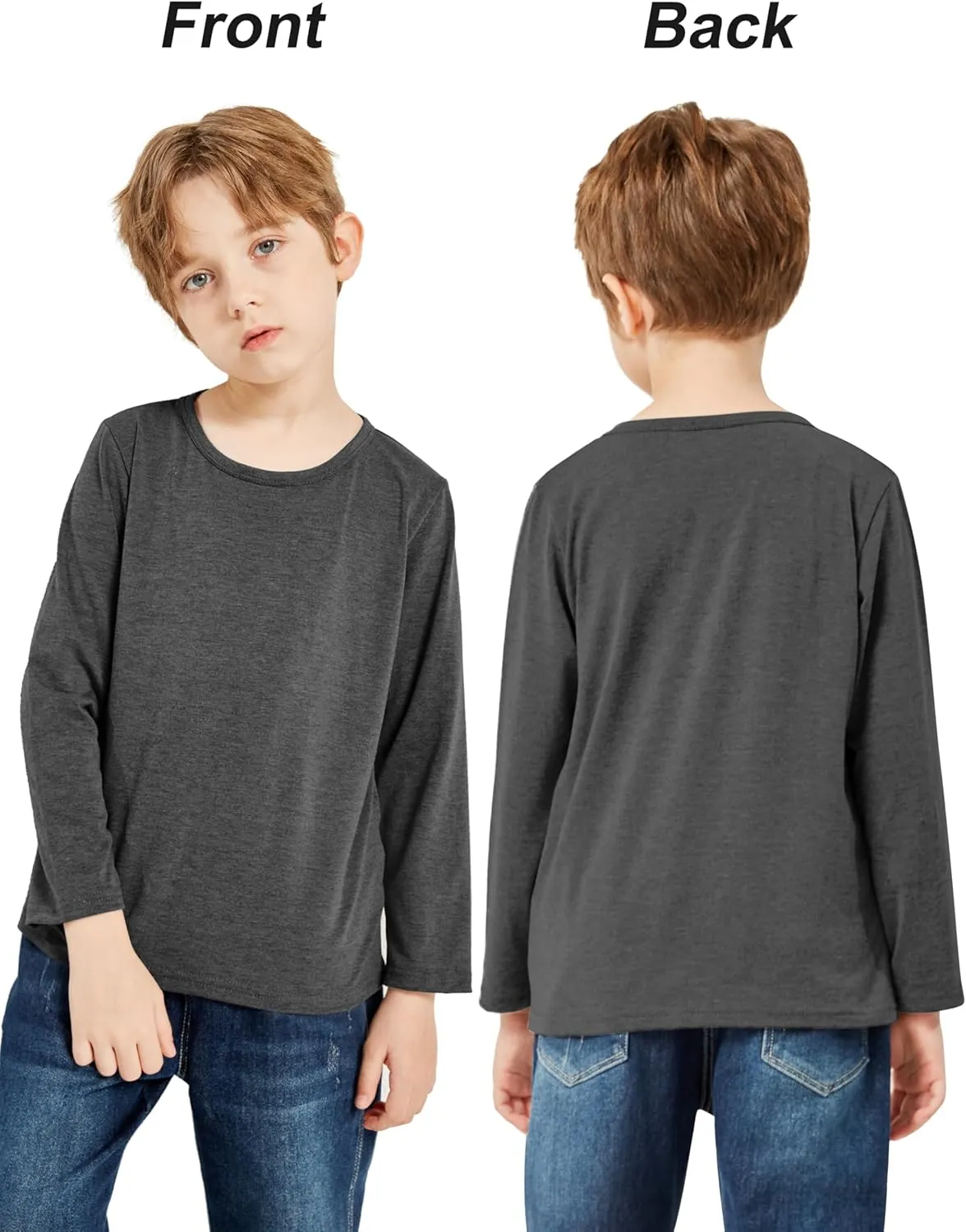Cooraby 5 Pack Toddler Boys Long Sleeve Shirts Soft Crewneck Top Tees Shirts Kids Solid Colors 2-14 Years