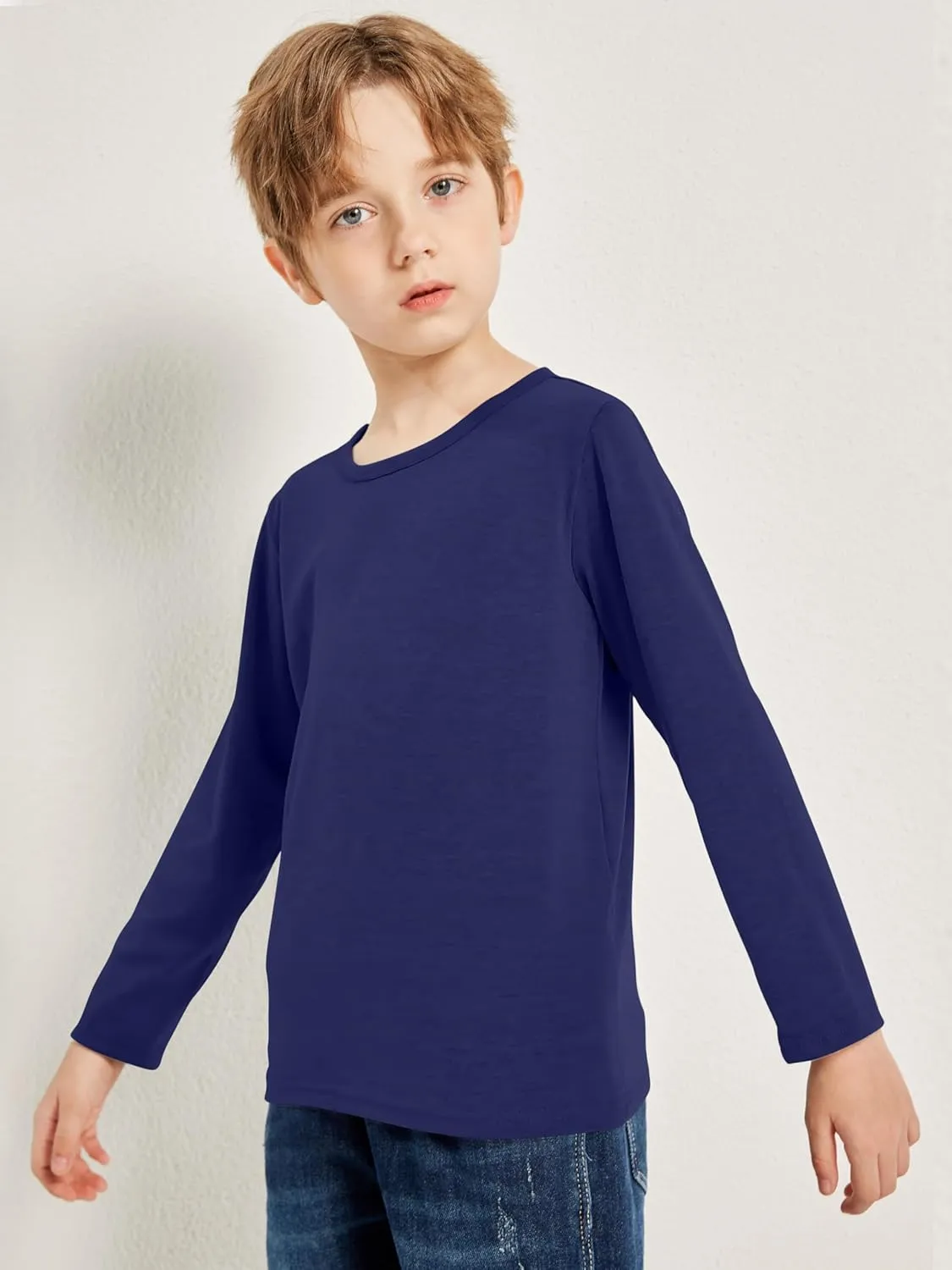 Cooraby 5 Pack Toddler Boys Long Sleeve Shirts Soft Crewneck Top Tees Shirts Kids Solid Colors 2-14 Years