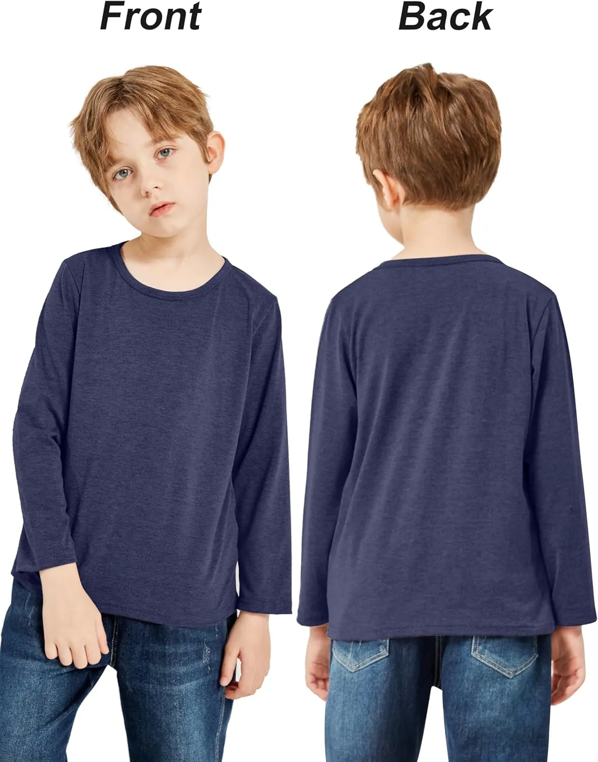 Cooraby 5 Pack Toddler Boys Long Sleeve Shirts Soft Crewneck Top Tees Shirts Kids Solid Colors 2-14 Years