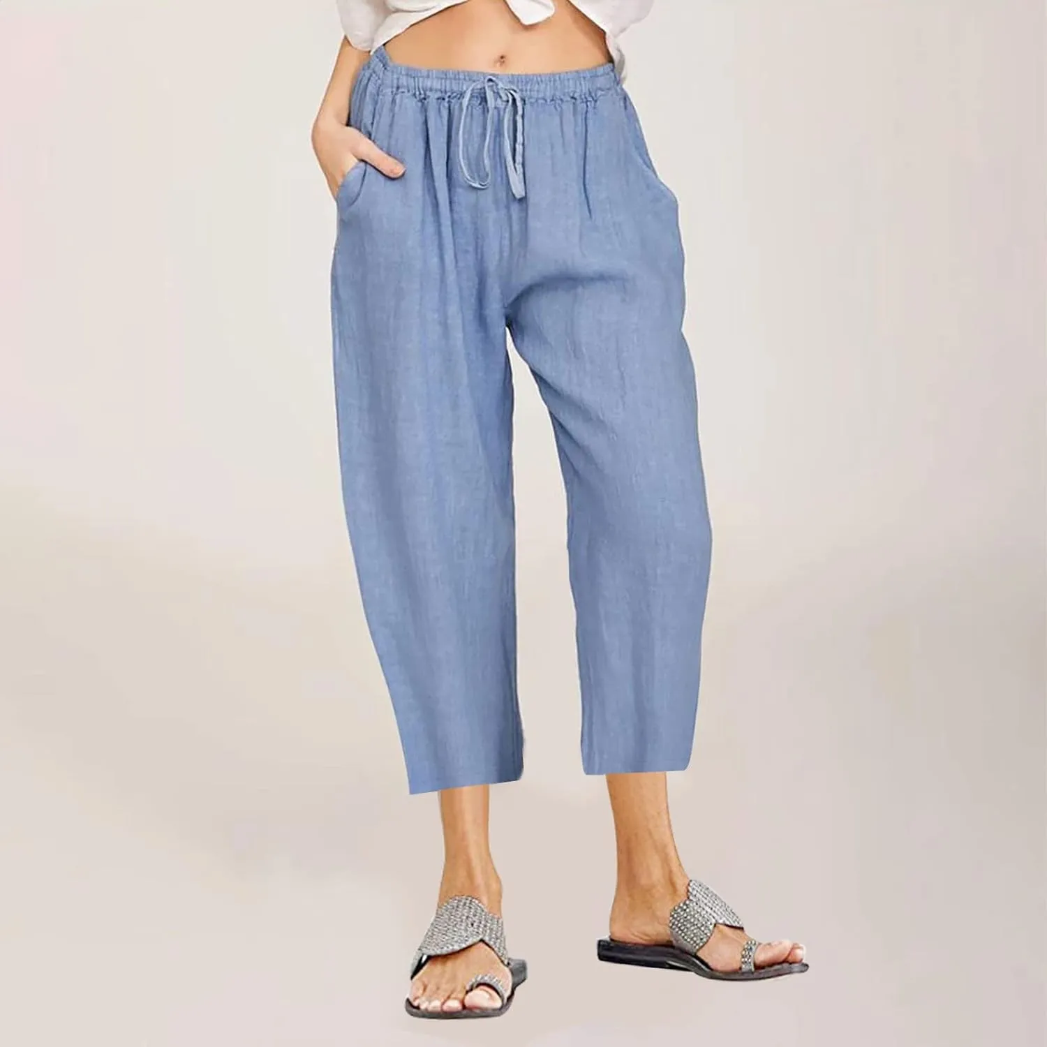 Cotton Linen Capris for Women Summer Casual Loose Cropped Pants Wide Leg Elastic Waist Lounge Pant with Pockets