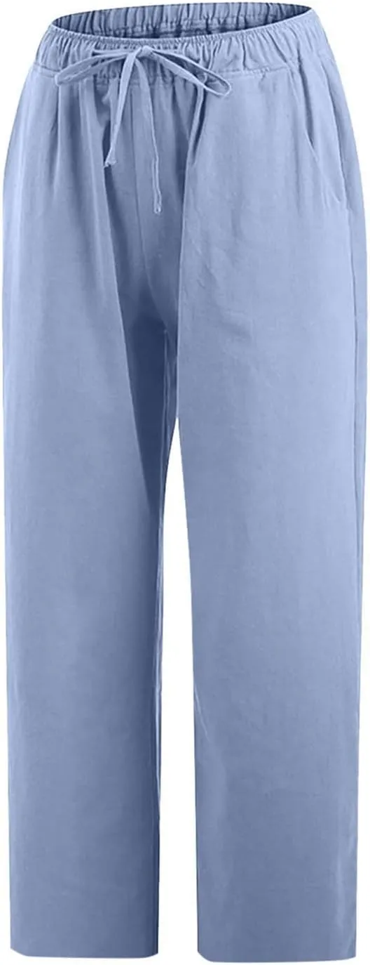 Cotton Linen Capris for Women Summer Casual Loose Cropped Pants Wide Leg Elastic Waist Lounge Pant with Pockets