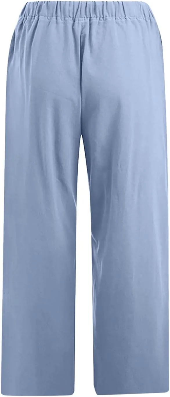 Cotton Linen Capris for Women Summer Casual Loose Cropped Pants Wide Leg Elastic Waist Lounge Pant with Pockets
