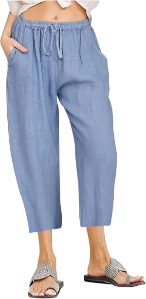Cotton Linen Capris for Women Summer Casual Loose Cropped Pants Wide Leg Elastic Waist Lounge Pant with Pockets