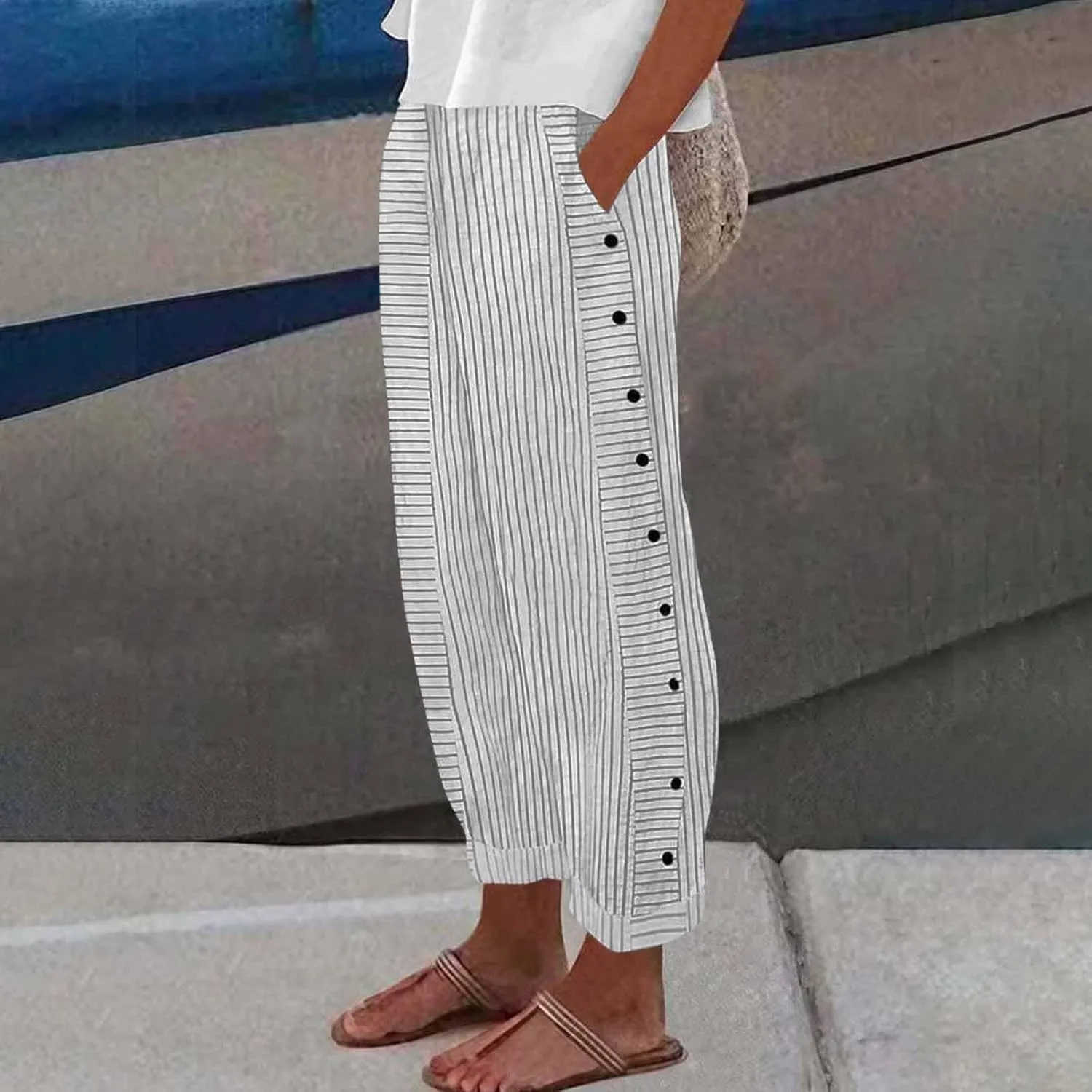 Cotton Linen Pants for Women Summer Wide Leg Elastic Straight Leg Lounge Pant Drawstring Lightweight Beach Trousers