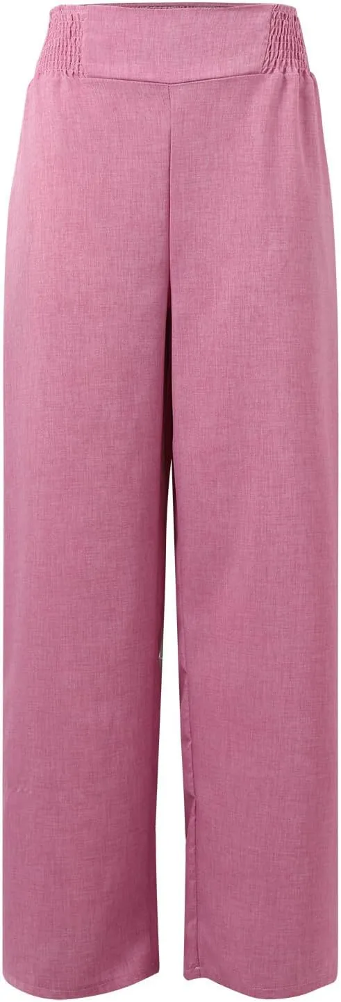 Cotton Linen Pants Women Elastic High Waisted Palazzo Pants Wide Leg Long Lounge Pant Casual Trousers with Pocket