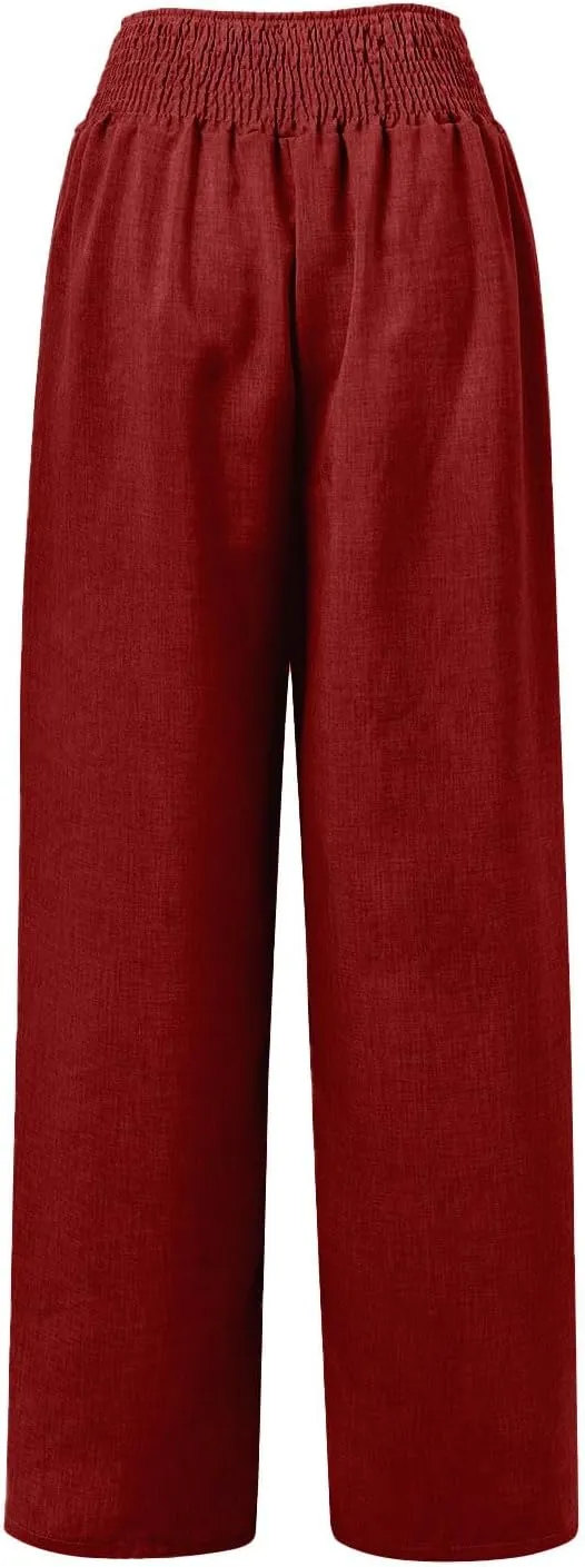 Cotton Linen Pants Women Elastic High Waisted Palazzo Pants Wide Leg Long Lounge Pant Casual Trousers with Pocket