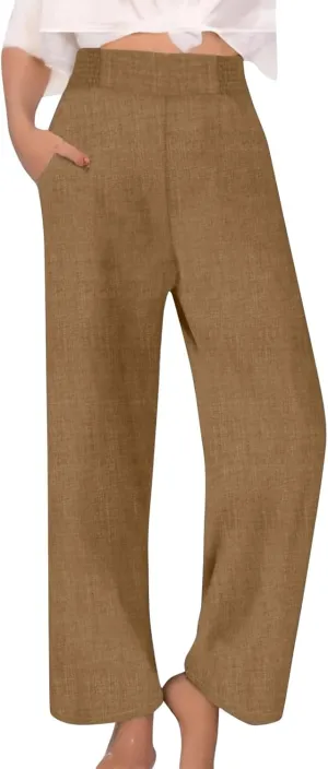 Cotton Linen Pants Women Elastic High Waisted Palazzo Pants Wide Leg Long Lounge Pant Casual Trousers with Pocket
