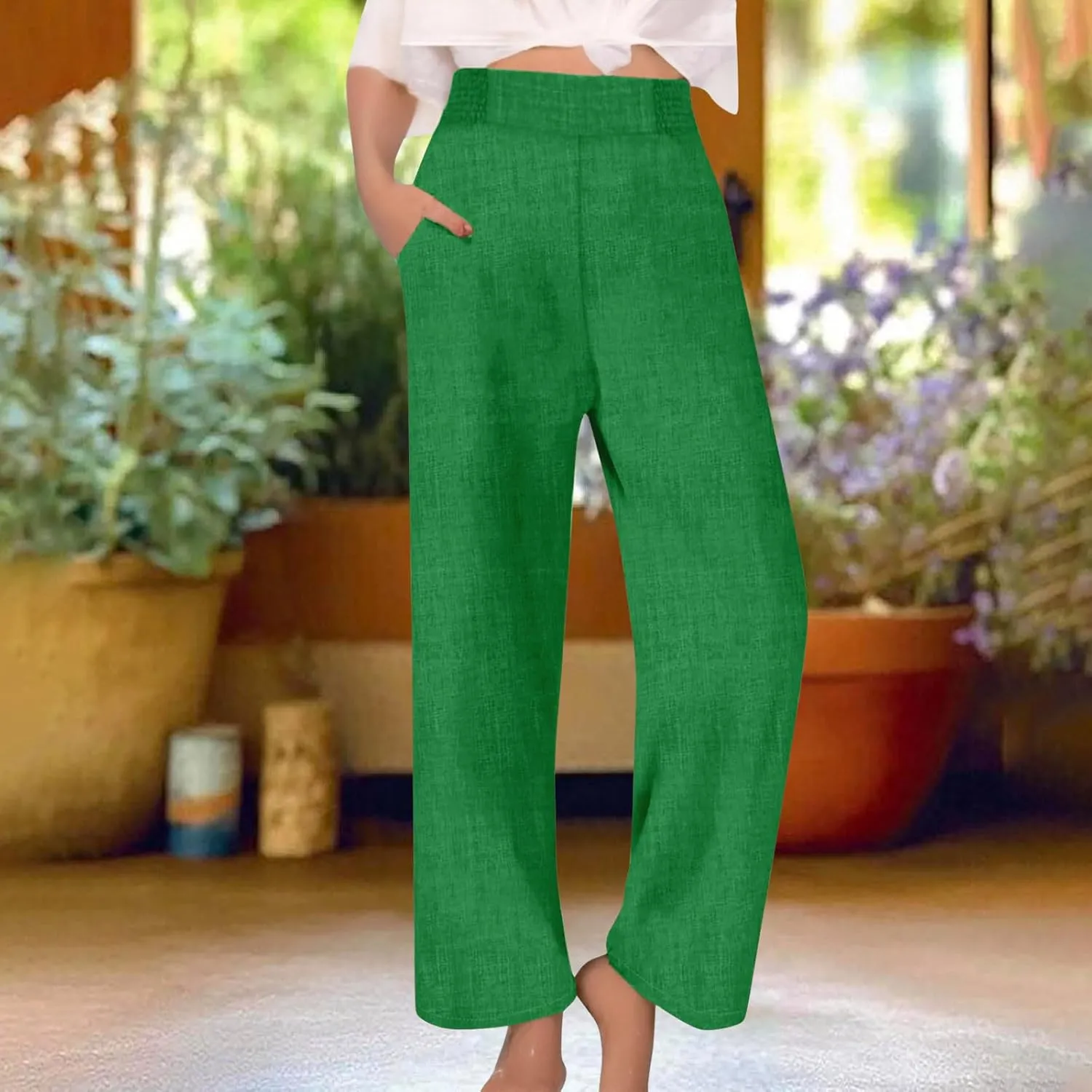 Cotton Linen Pants Women Elastic High Waisted Palazzo Pants Wide Leg Long Lounge Pant Casual Trousers with Pocket