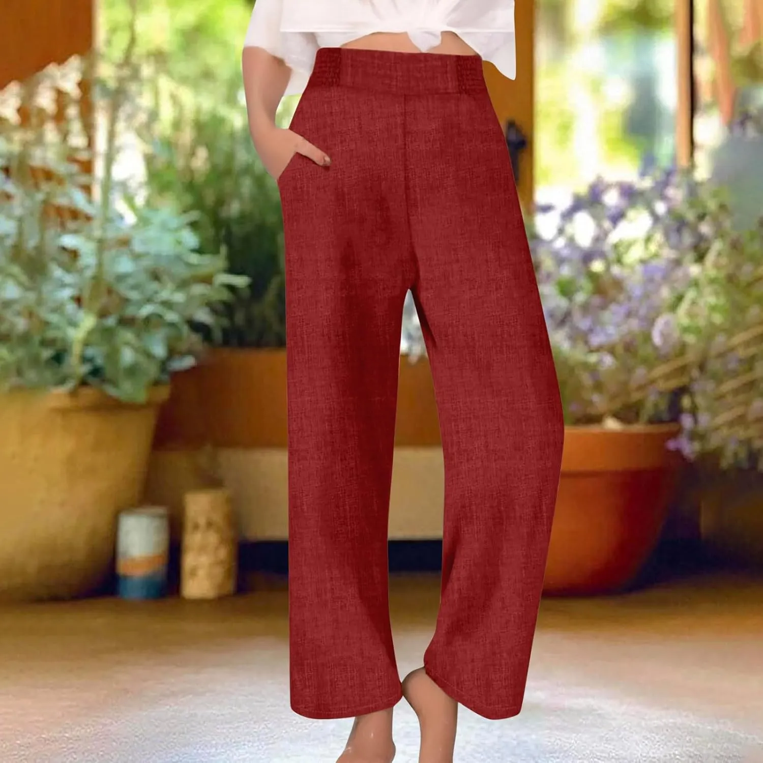 Cotton Linen Pants Women Elastic High Waisted Palazzo Pants Wide Leg Long Lounge Pant Casual Trousers with Pocket