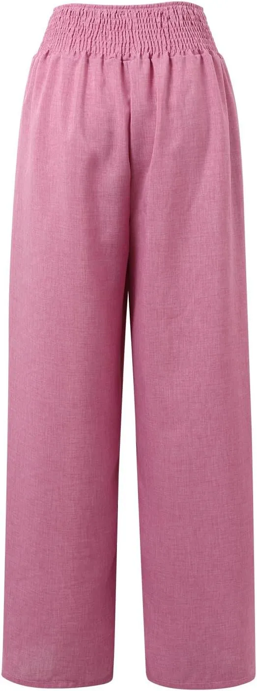 Cotton Linen Pants Women Elastic High Waisted Palazzo Pants Wide Leg Long Lounge Pant Casual Trousers with Pocket