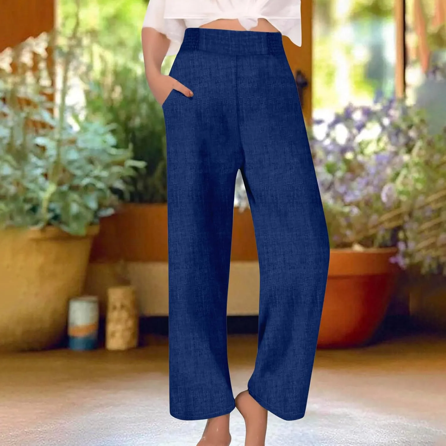 Cotton Linen Pants Women Elastic High Waisted Palazzo Pants Wide Leg Long Lounge Pant Casual Trousers with Pocket
