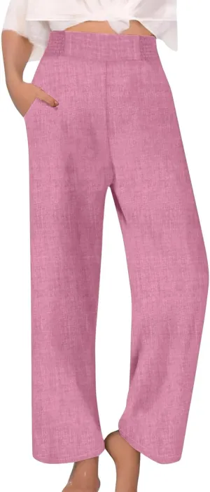 Cotton Linen Pants Women Elastic High Waisted Palazzo Pants Wide Leg Long Lounge Pant Casual Trousers with Pocket