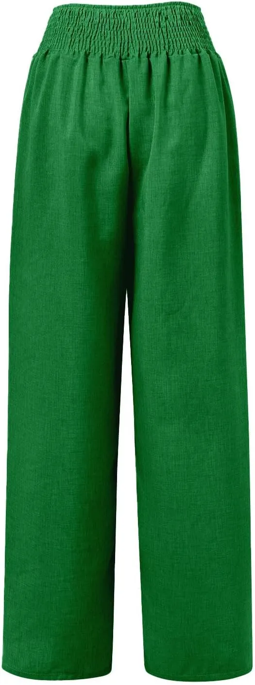 Cotton Linen Pants Women Elastic High Waisted Palazzo Pants Wide Leg Long Lounge Pant Casual Trousers with Pocket