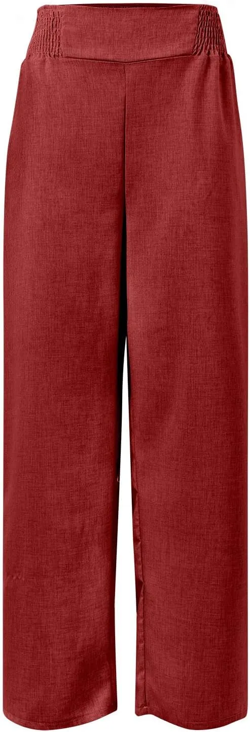 Cotton Linen Pants Women Elastic High Waisted Palazzo Pants Wide Leg Long Lounge Pant Casual Trousers with Pocket