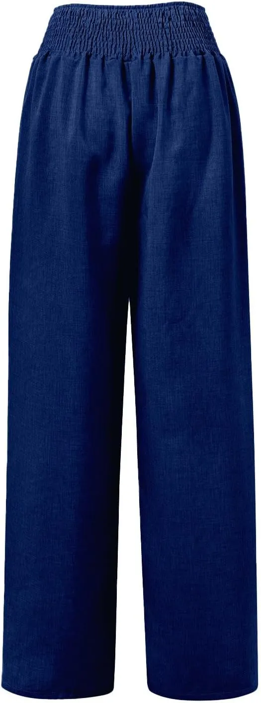 Cotton Linen Pants Women Elastic High Waisted Palazzo Pants Wide Leg Long Lounge Pant Casual Trousers with Pocket
