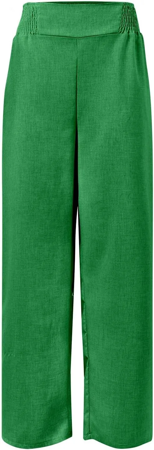 Cotton Linen Pants Women Elastic High Waisted Palazzo Pants Wide Leg Long Lounge Pant Casual Trousers with Pocket
