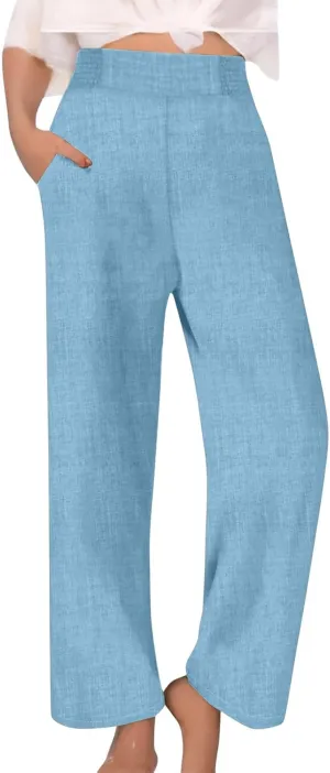 Cotton Linen Pants Women Elastic High Waisted Palazzo Pants Wide Leg Long Lounge Pant Casual Trousers with Pocket