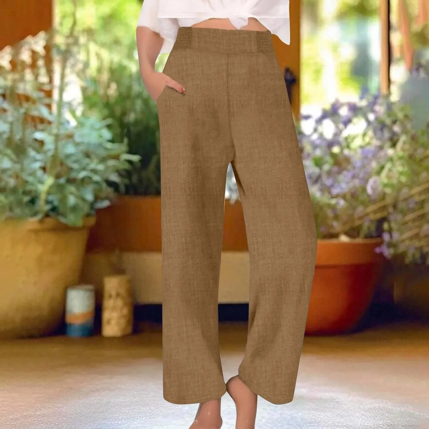 Cotton Linen Pants Women Elastic High Waisted Palazzo Pants Wide Leg Long Lounge Pant Casual Trousers with Pocket