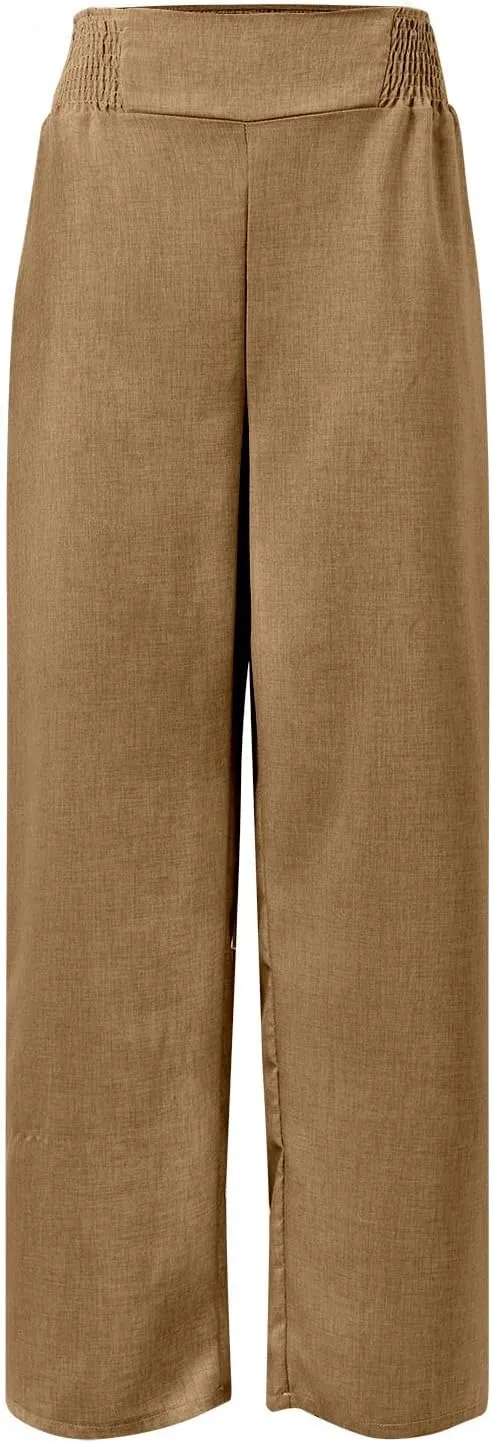 Cotton Linen Pants Women Elastic High Waisted Palazzo Pants Wide Leg Long Lounge Pant Casual Trousers with Pocket