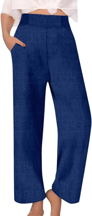 Cotton Linen Pants Women Elastic High Waisted Palazzo Pants Wide Leg Long Lounge Pant Casual Trousers with Pocket