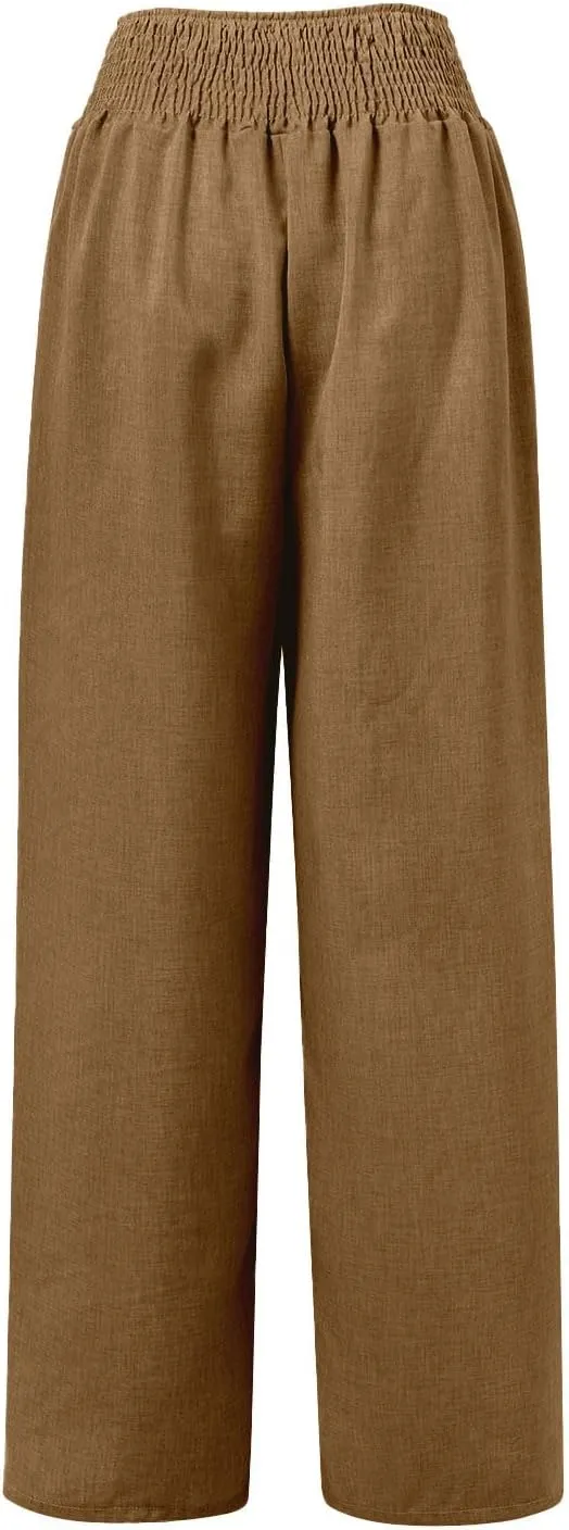 Cotton Linen Pants Women Elastic High Waisted Palazzo Pants Wide Leg Long Lounge Pant Casual Trousers with Pocket