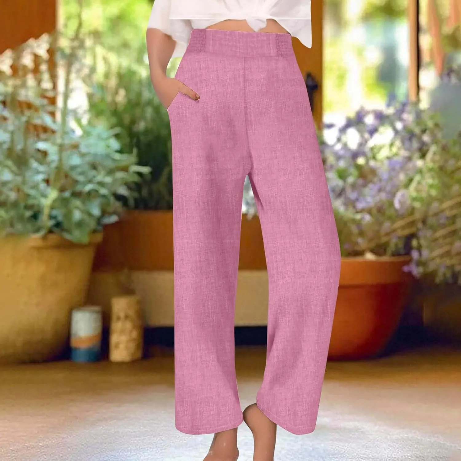 Cotton Linen Pants Women Elastic High Waisted Palazzo Pants Wide Leg Long Lounge Pant Casual Trousers with Pocket