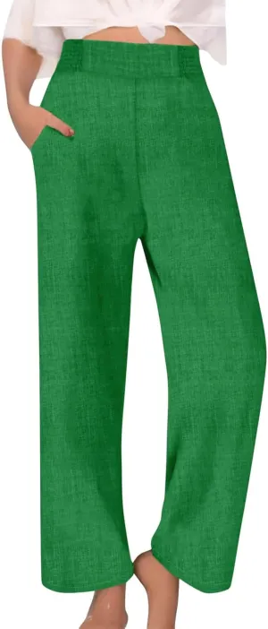 Cotton Linen Pants Women Elastic High Waisted Palazzo Pants Wide Leg Long Lounge Pant Casual Trousers with Pocket