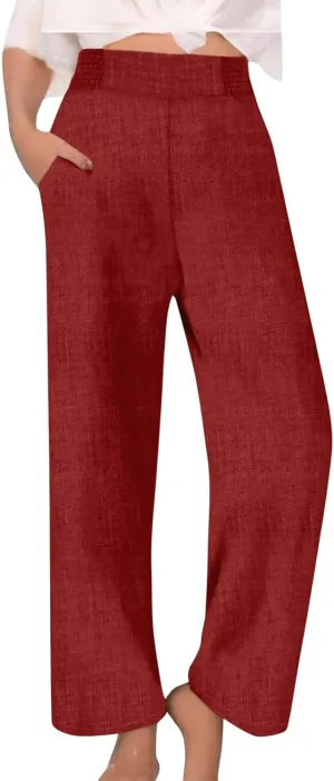 Cotton Linen Pants Women Elastic High Waisted Palazzo Pants Wide Leg Long Lounge Pant Casual Trousers with Pocket