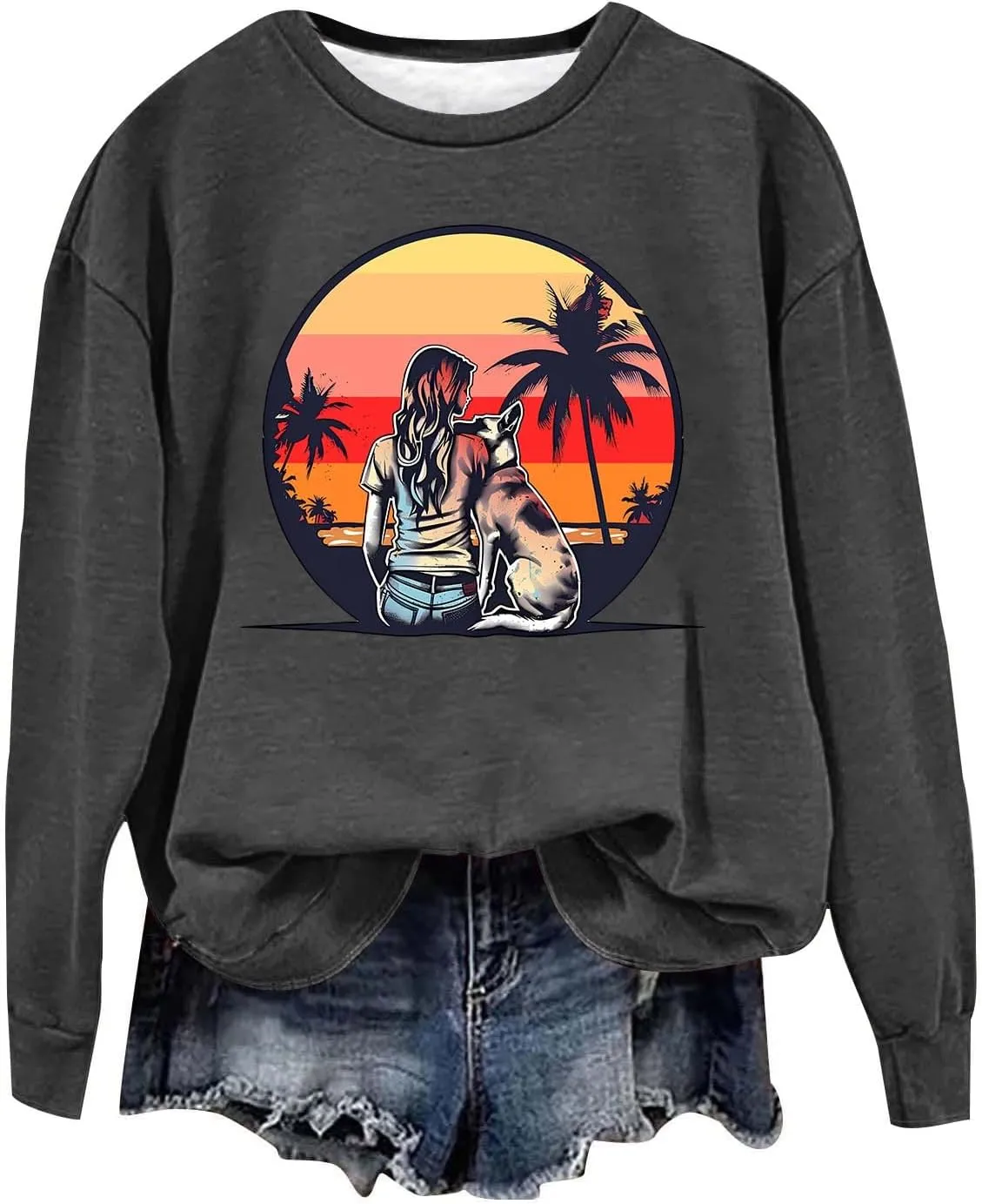Crew Neck Sweatshirts Women Long Sleeve Casual Loose Fit Graphic Print Pullover Tops Fleece Lightweight Fashion Tops
